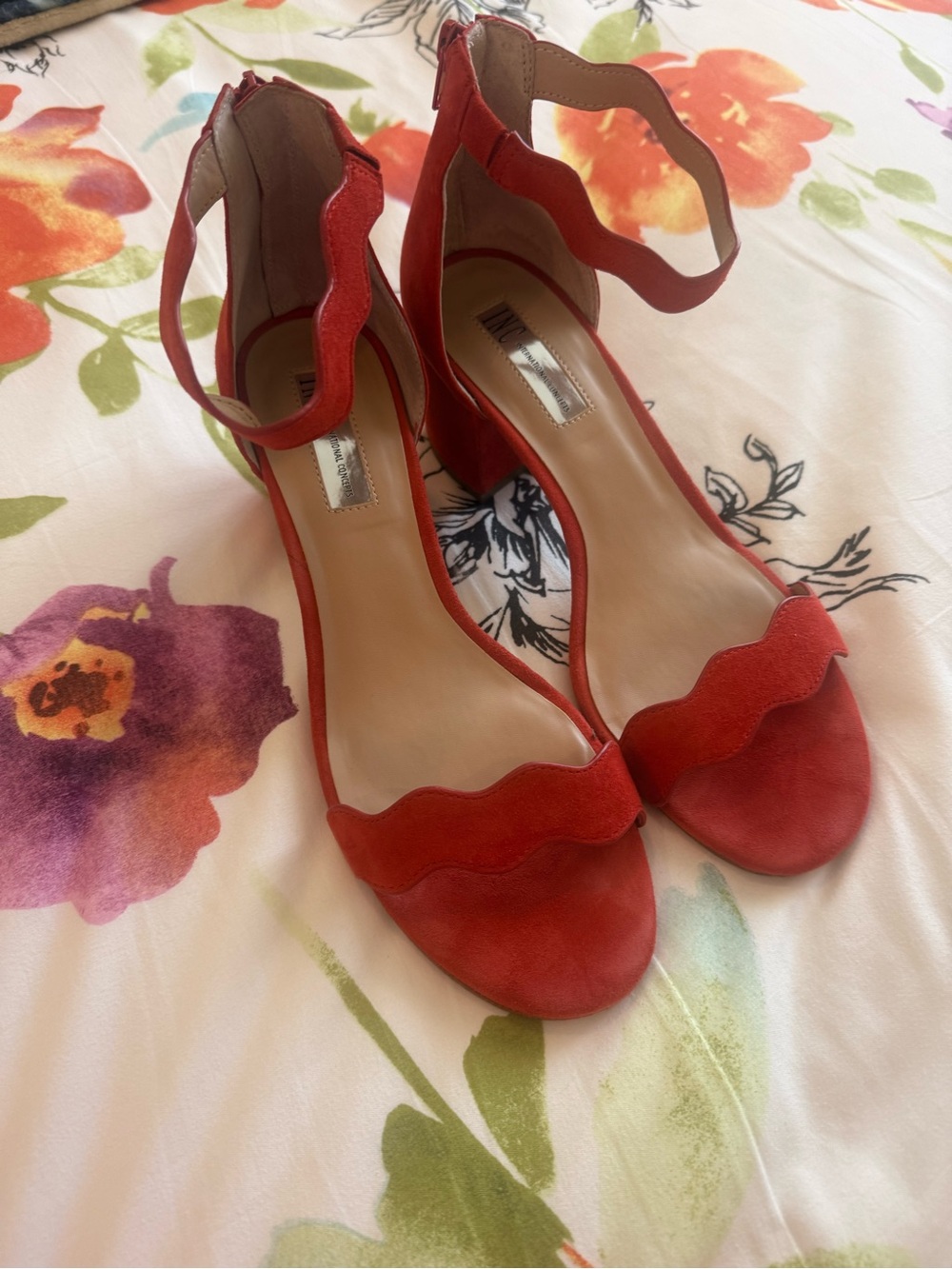 INC International Concepts Red Scallop Ankle-Strap Block Heel Sandals